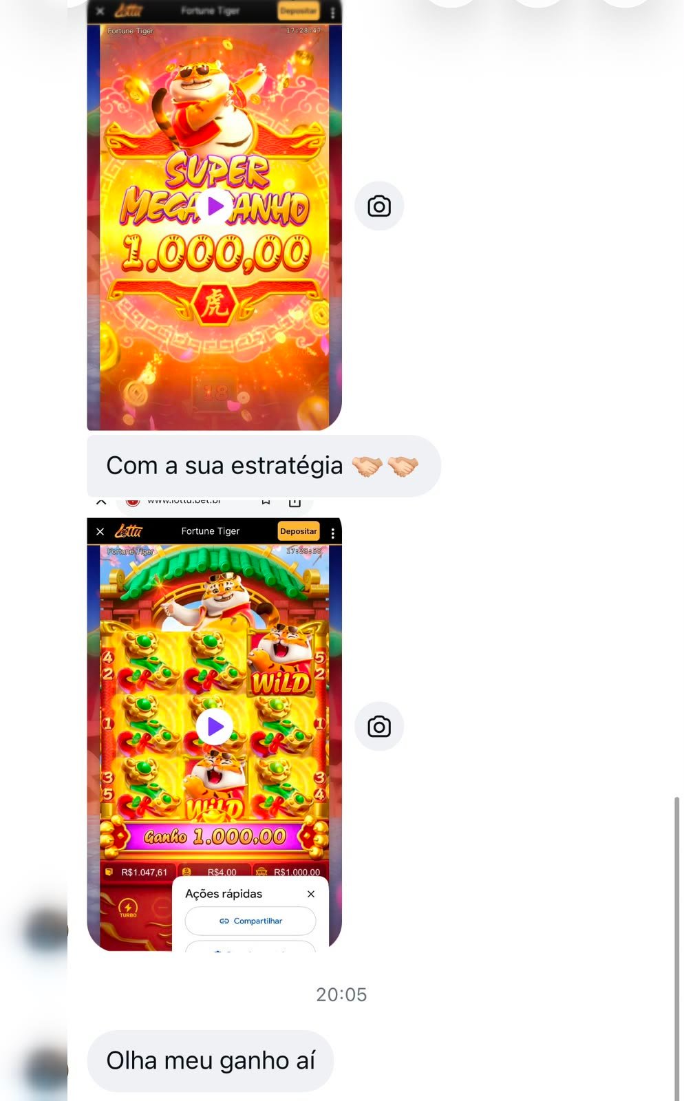 Seguidor mostrando ganho no Fortune Tiger