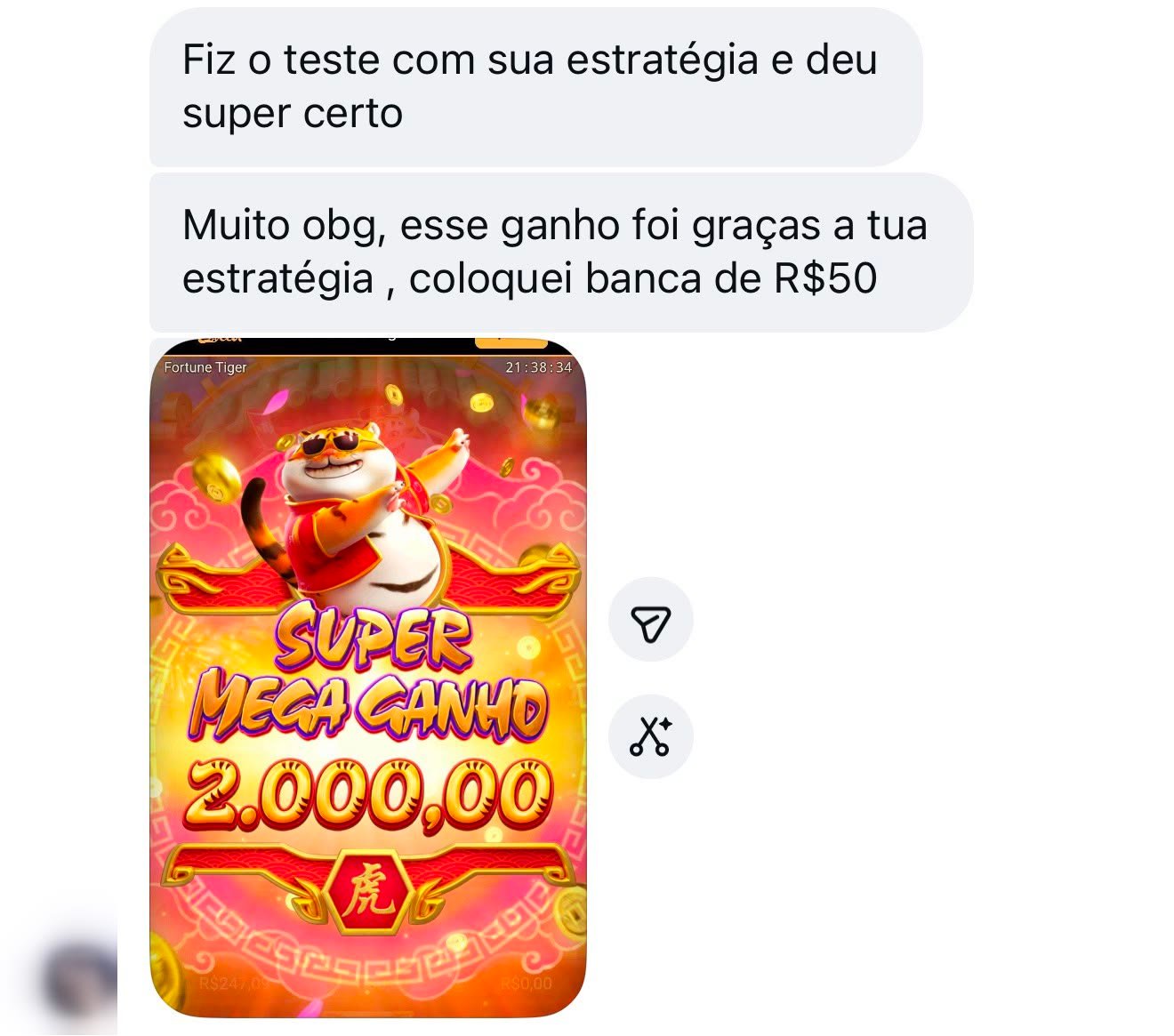 Seguidor mostrando ganho no Fortune Tiger