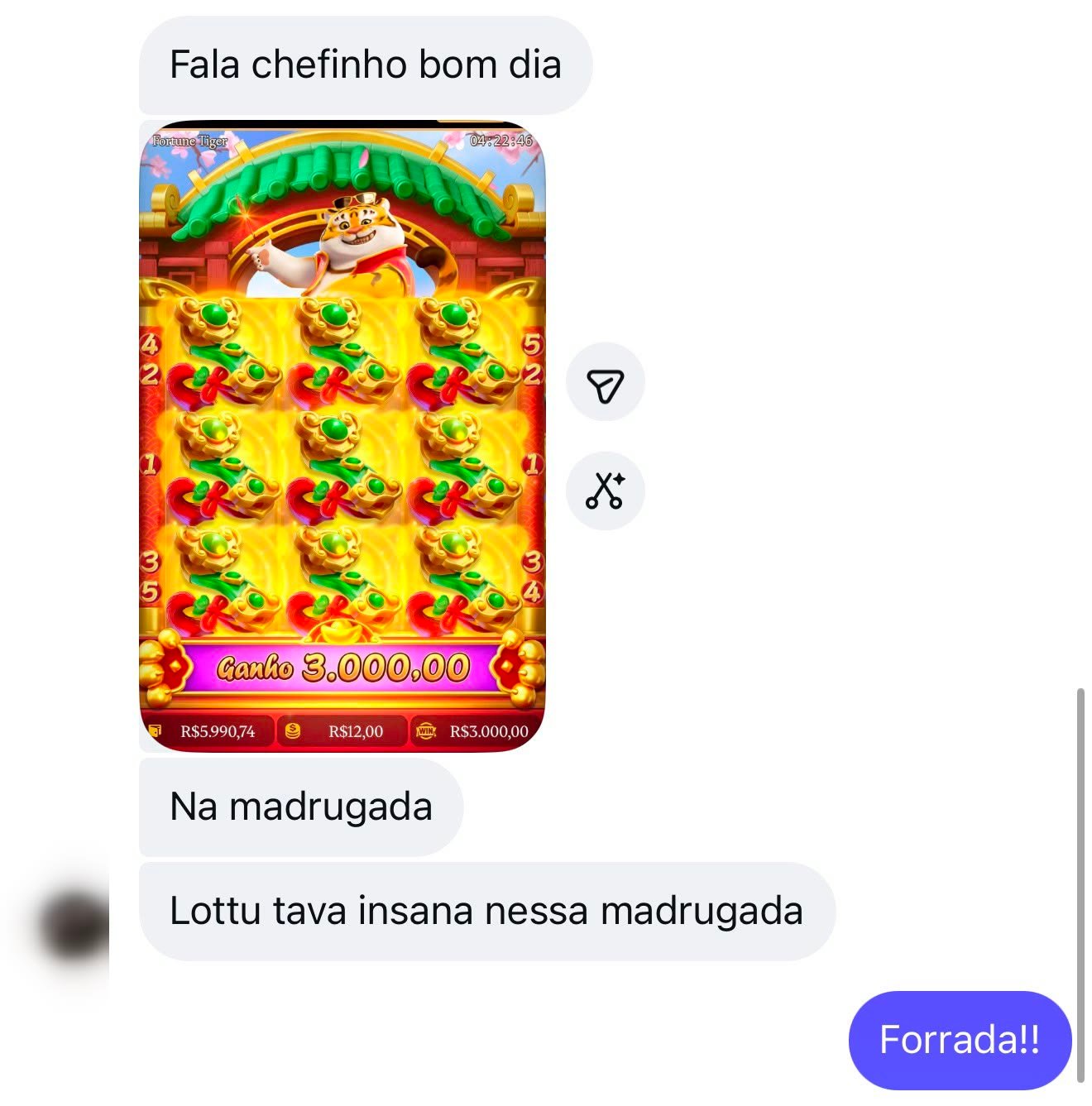 Seguidor mostrando ganho no Fortune Tiger