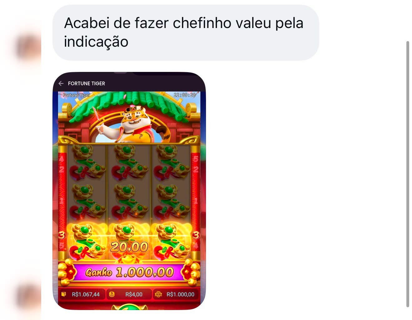 Seguidor mostrando ganho no Fortune Tiger