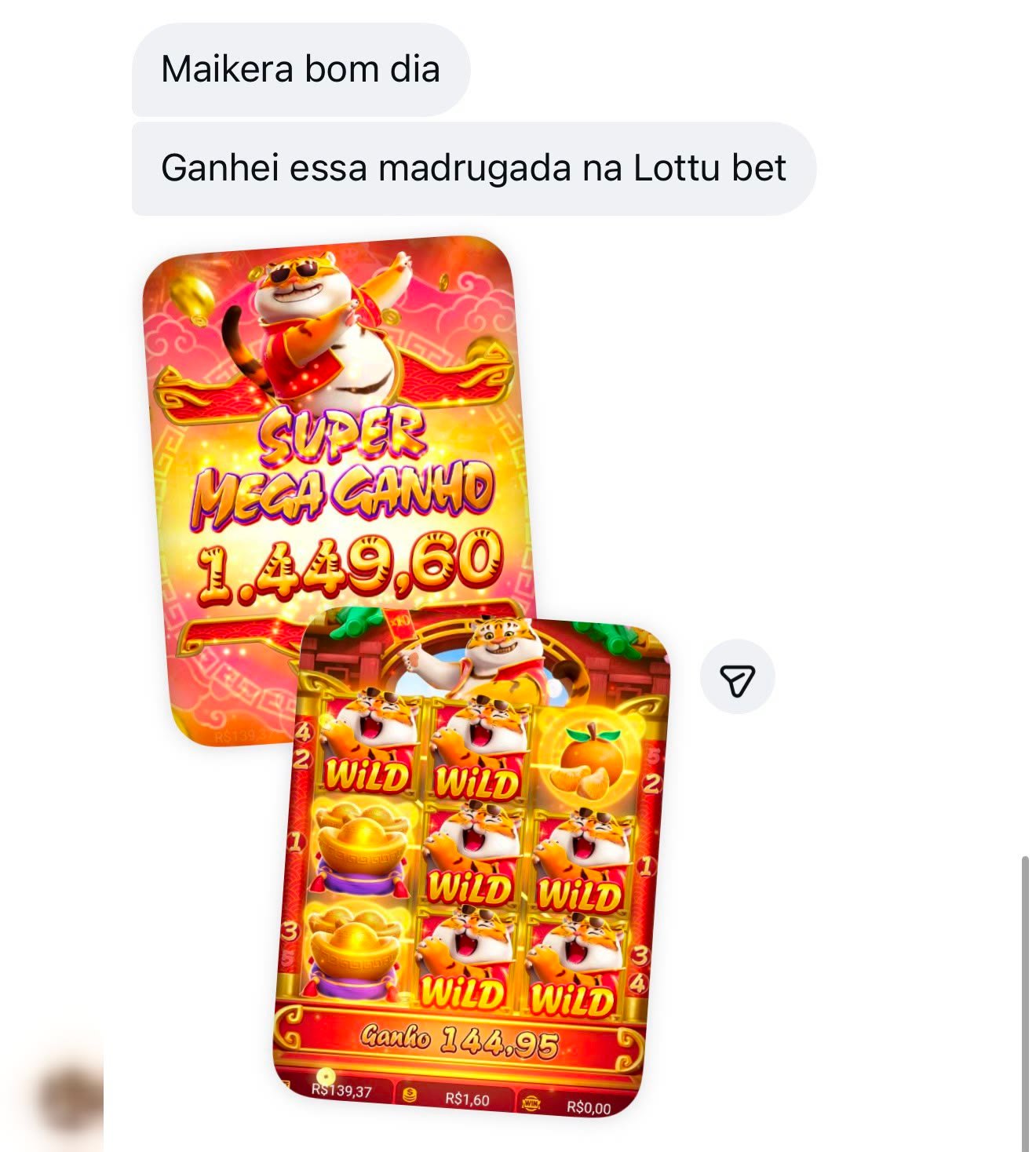 Seguidor mostrando ganho no Fortune Tiger